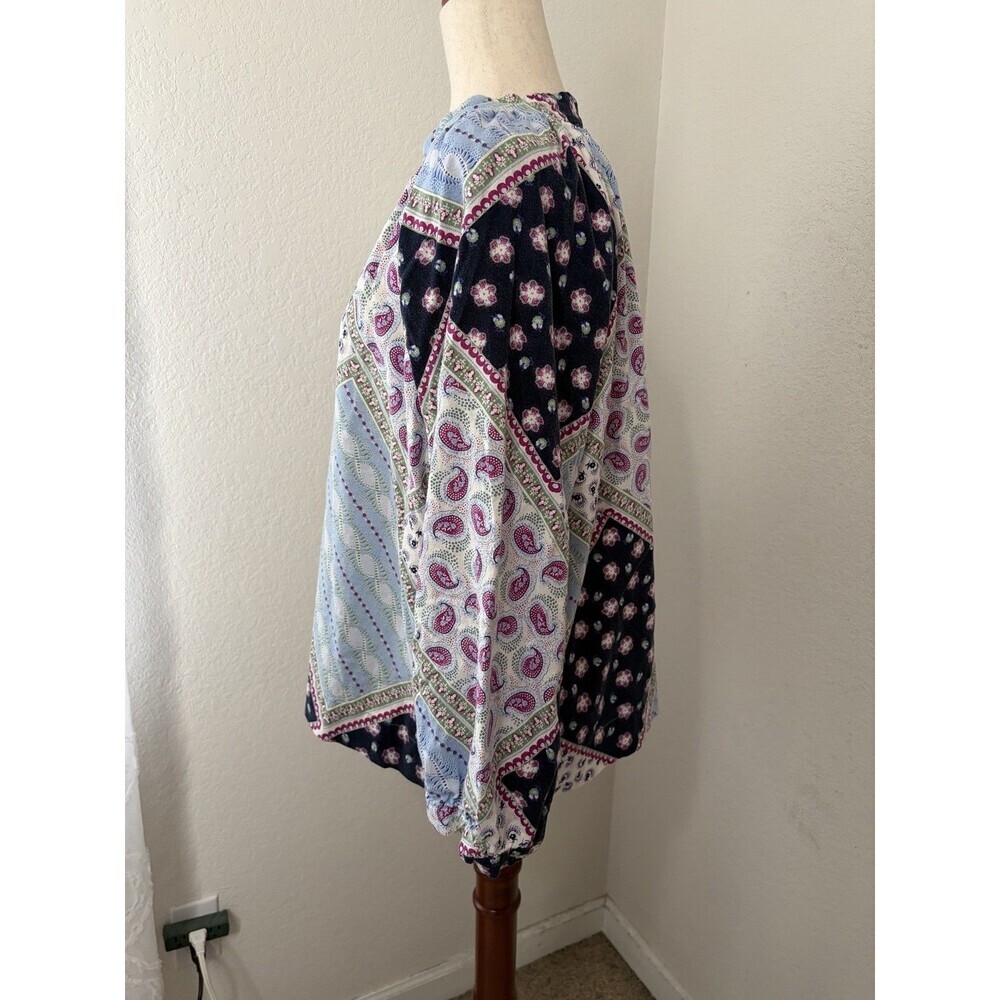 LOFT Women’s XL Patchwork Paisley Floral V-Neck Boho Blouse Top 55% Linen - Picture 3 of 9